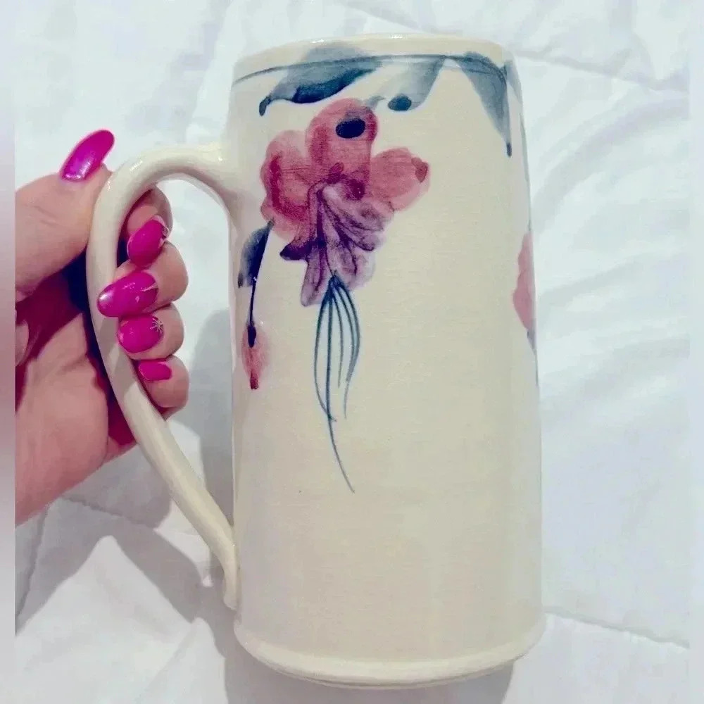 Vintage Handmade Cottagecore  Floral Flower Vase 7” Tall Large Handle 90s Unique